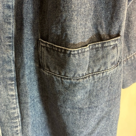 DENIM JEAN COAT Sz XL Lined Contrasting Stripe Pockets 100% Cotton Shoulder Pads - Picture 2 of 10